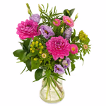 Small bouquet of pink dahlias and lilac lisianthus with greenery