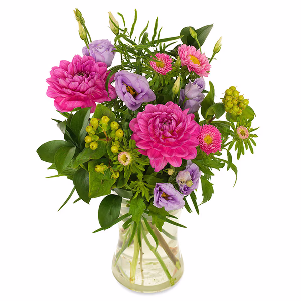 Small bouquet of pink dahlias and lilac lisianthus with greenery