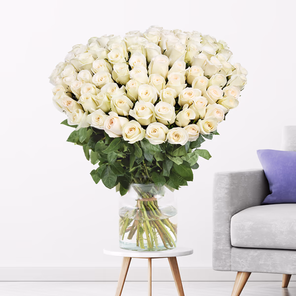 100 Weiße Rosen - Premium-Rosen Avalanche (60cm)