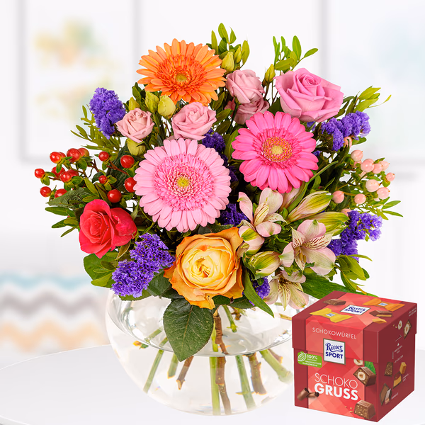 Blumenstrauß Kunterbunt + Schokowürfel Schokogruß
