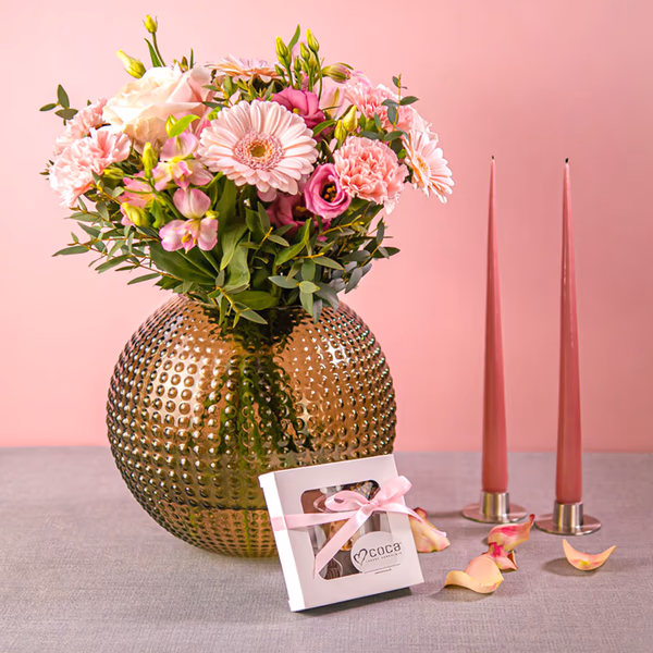 pink bouquet with chocolates