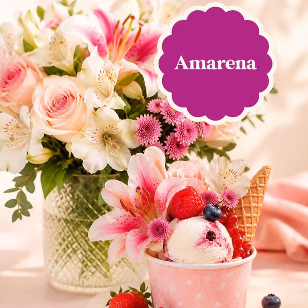 flower bouquet in a vase and ice cream in a cup
