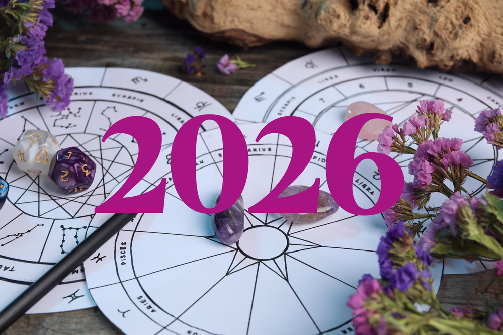 Flower horoscope diagrams with '2026' overlaid