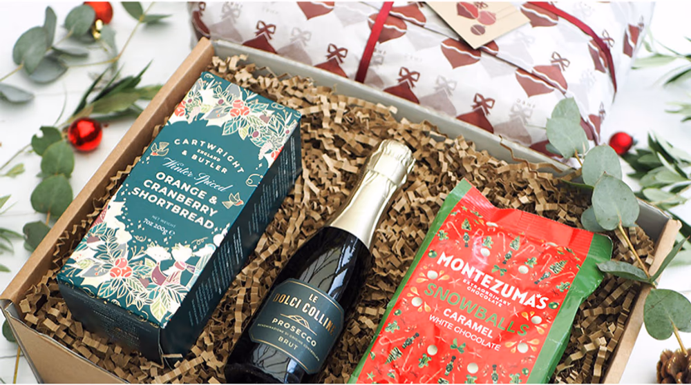 Christmas hamper with prosecco, chocolates and shortbread biscuits