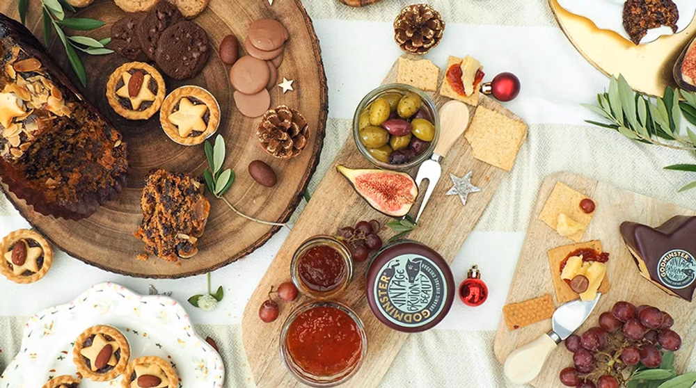 A Christmas food spread displayed on boards